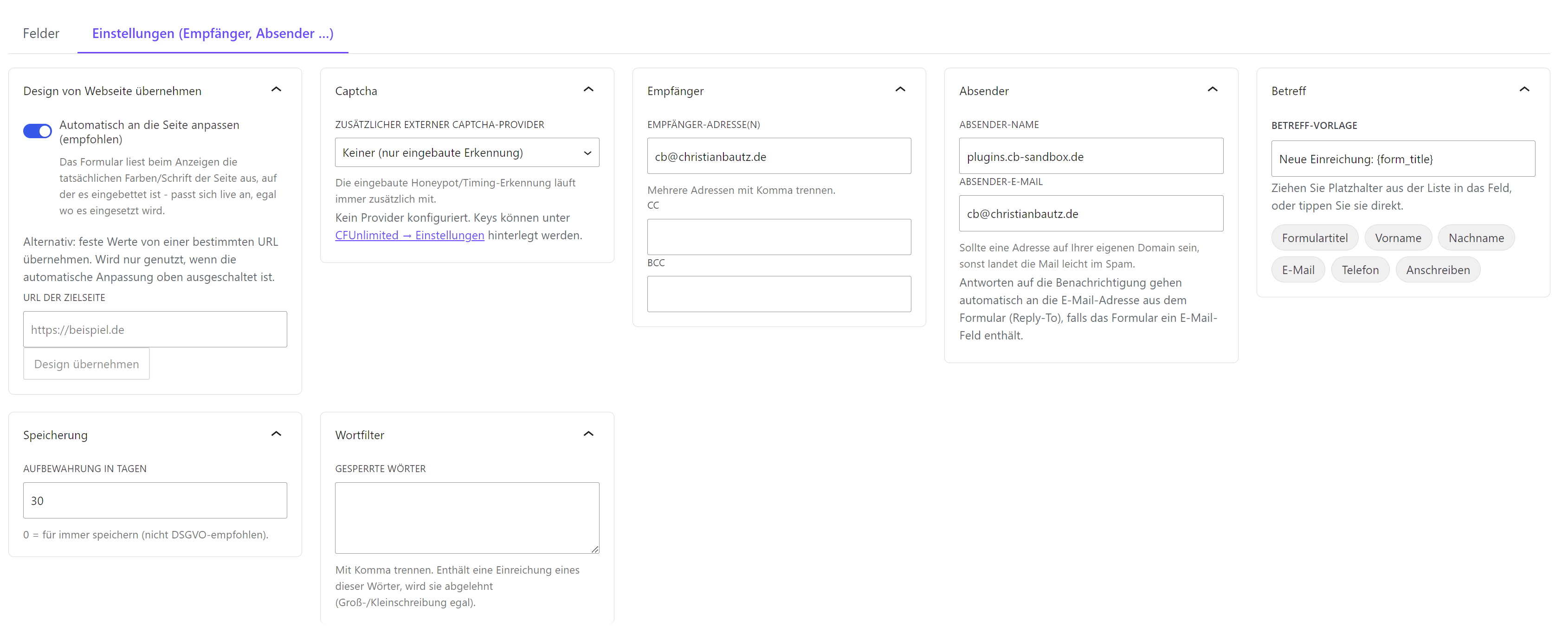 Einstellungen für Design, Captcha, Empfänger und Betreff