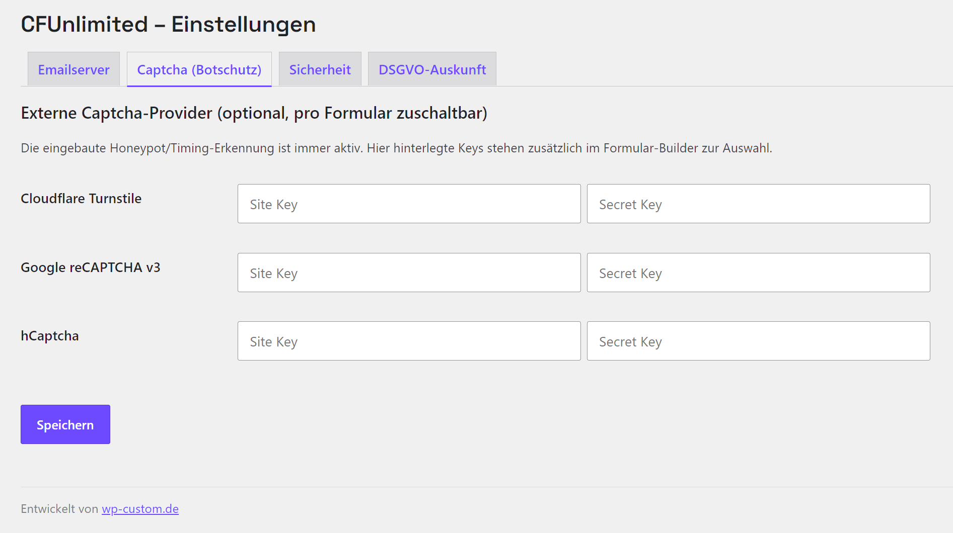 Captcha-Einstellungen: Cloudflare Turnstile, reCAPTCHA, hCaptcha